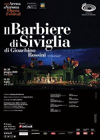 "Kainós® Magazine: Il Barbiere di Siviglia di Gioachino Rossini al 100° Arena Opera Festival 2023 - locandina alla recensione alla prima"